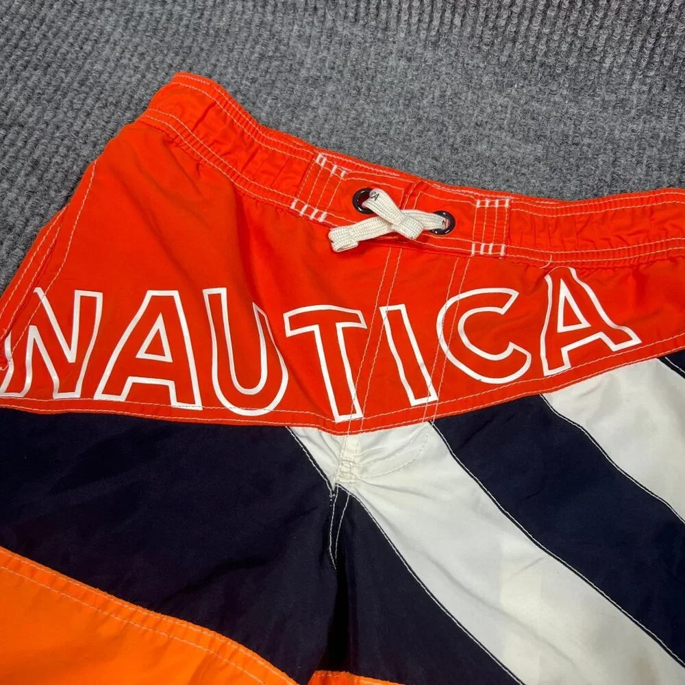 Nautica Boy Swim Trunks Shorts M (10/12) Orange Black US83 Colorblock Mesh Lined